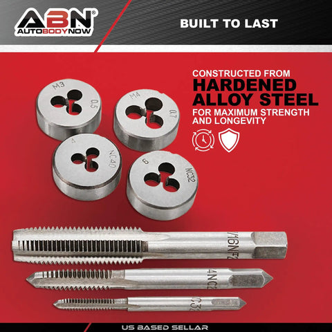Metric And SAE Tap And Die 60-Piece Rethread Set showcasing hardened alloy steel taps and die components on red background.