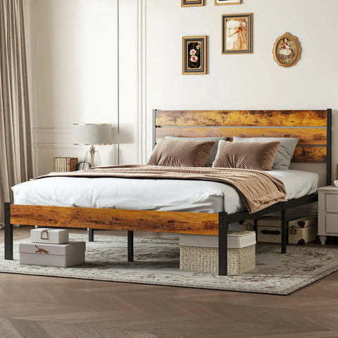 Built Different Full Size Platform Bed Frame With Solid Wood Headboard And Footboard Heavy Duty Steel Slats Holds 800 Lbs in a modern bedroom setting.