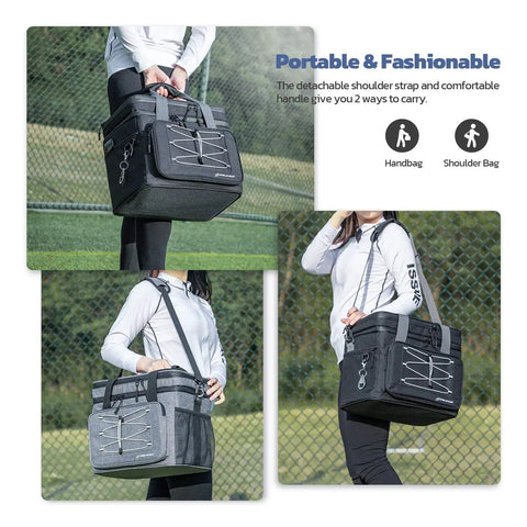 Woman carrying Portable Collapsible Soft Cooler Bag With Double Deck Design For 24 30 60 Cans Leakproof Ice Chest For Beach Camping And Grocery Grey Keeps Ice Cold Up To 12 Hours With Five Layer Insulation outdoors