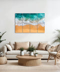 Ocean Wave Acoustic Wall Panels To Soak Up Room Echo self adhesive coastal design tiles in a modern living room setting.