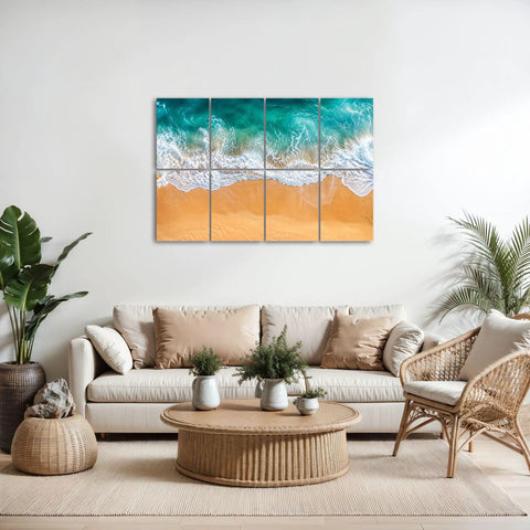 Ocean Wave Acoustic Wall Panels To Soak Up Room Echo self adhesive coastal design tiles in a modern living room setting.