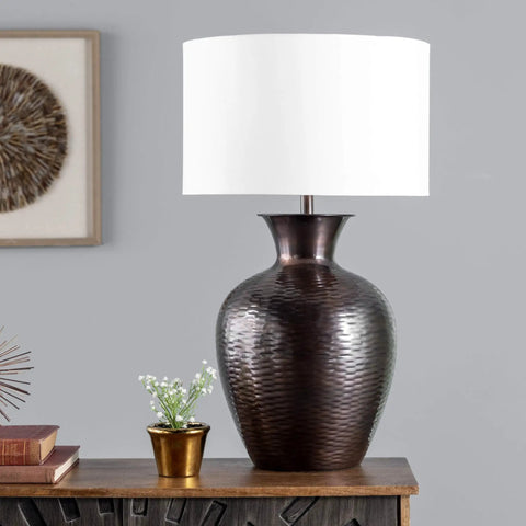 Atmore 27 Inch Iron Table Lamp In Copper Finish With Cotton Drum Shade For Cozy Mood Vibe Lighting On Living Room End Tables