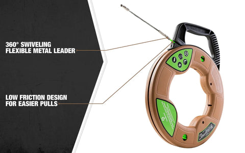 Pro Grade Flexible 125 Foot Fish Tape Tool With Spiral Polymer Core showing low friction swiveling leader and handle design