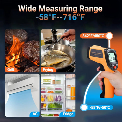 Non Contact Infrared Thermometer Gun For Cooking And BBQ With Backlight - Laser Temperature Gun For Grilling, Pizza Oven, And Smoker, Reads -58F To 712F, Handheld, Emissivity Adjustable 0.1-1.0, Not For Human Use showing grill, frying, AC, and fridge uses