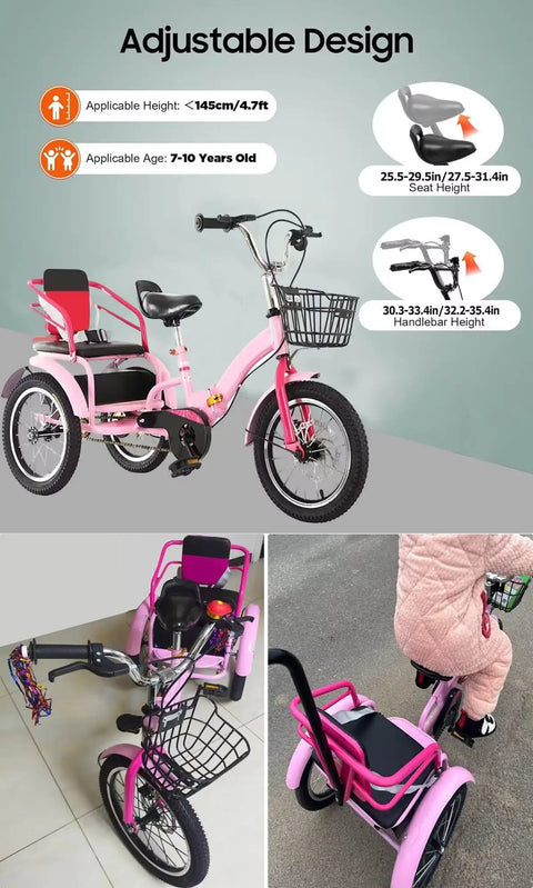 Folding Tricycle With Rear Passenger Seat For Adults, pink three wheel pedal rickshaw, adjustable parts, and safety features.
