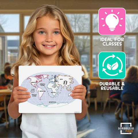 Girl holding Continents Map Practice Sheets 9x12 Dry Erase World Globe Sheets Pack of 10 for Homeschool and Classroom