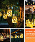 6 Pack Mason Jar Solar Lanterns With Jars And Hangers illuminating a backyard with warm white glow in multiple outdoor settings.