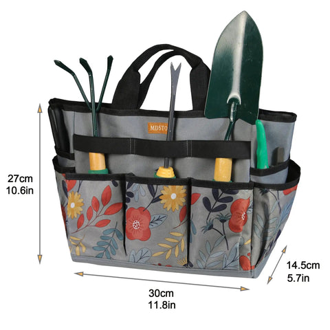 Floral Garden Tool Tote Organizer Bag With 8 Roomy Pockets, Durable 600D Oxford Exterior, Reinforced Bottom For Upright Stability