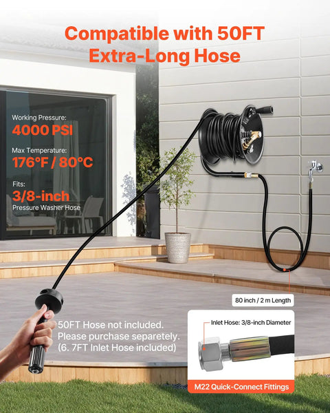 Heavy Duty Pressure Washer Hose Reel 50 Feet Three Eighths Inch Steel Bracket Mounted For Wall Floor Or Truck Mount 4000 PSI