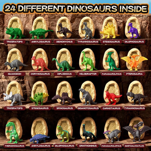 24 Dino Eggs Dig Kit For Kids With Magnifier And Excavation Tools showing different dinosaur figures in eggs