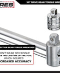 Close-up of 3/8-Inch Drive Beam Torque Wrench 0-800 Inch-Pounds And 0-90 Newton Meters with adapters and enhanced accuracy feature.