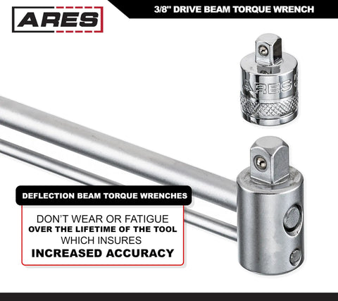 Close-up of 3/8-Inch Drive Beam Torque Wrench 0-800 Inch-Pounds And 0-90 Newton Meters with adapters and enhanced accuracy feature.