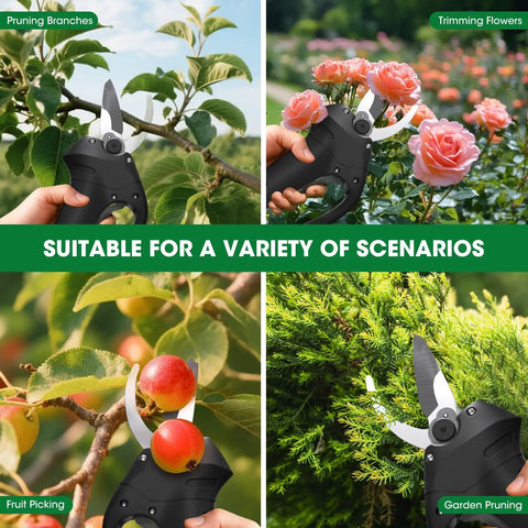 Cordless Electric Pruning Shears For Gardening And Landscaping, Brushless Motor Power shown pruning trees, flowers, and fruit.