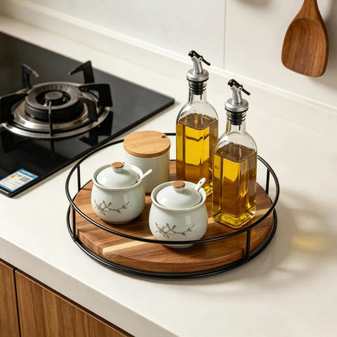 9 Inch Acacia Wood Lazy Susan Turntable With Iron Frame 360 Degree Rotation Grippy Non Slip Base Keeps Spices Condiments And Pantry Essentials Spinning Smoothly On Cabinets Or Countertops For Grab-And-Go Access And Organization displaying jars and bottles
