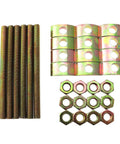 Six Sets Solid Half Moon Three In One Connector Bolts Kit For Large Countertop Furniture And Bed Frame Hardware Includes 8x100mm Bolts 26x14 Washers M8 Nuts And Thread Pitch 1.25, showing bolts, spacers, and nuts on white background.