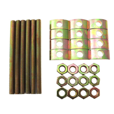 Six Sets Solid Half Moon Three In One Connector Bolts Kit For Large Countertop Furniture And Bed Frame Hardware Includes 8x100mm Bolts 26x14 Washers M8 Nuts And Thread Pitch 1.25, showing bolts, spacers, and nuts on white background.