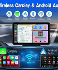 7 Inch Wireless CarPlay And Android Auto Portable Touchscreen Stereo on car dashboard displaying map and music apps