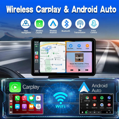 7 Inch Wireless CarPlay And Android Auto Portable Touchscreen Stereo on car dashboard displaying map and music apps