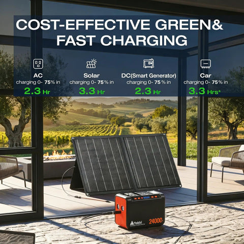 Lightweight Solar Generator 120W Peak Portable Power Station With 21W Foldable Solar Panel And 88.8Wh Battery displayed on patio.