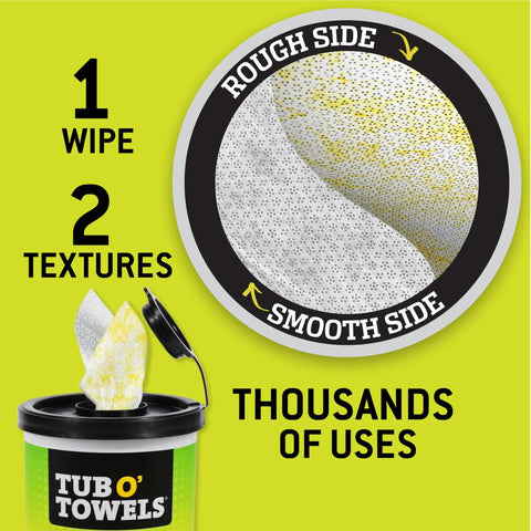 Tub O’ Towels heavy-duty multi-surface wipes canister, 75-count, dual-texture white and yellow, front view