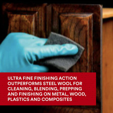 Person using Ultra Fine Grade Hand Pad For Surface Prep And Finishing, Nonwoven Silicon Carbide Scrub Pad, 6 X 9 Inches, Gray
