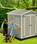 Image of a garden shed placed on an Outdoor Shed Floor Mat 6 By 8.2 Ft Waterproof Nonslip Rug in a backyard setting.
