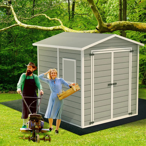 Image of a garden shed placed on an Outdoor Shed Floor Mat 6 By 8.2 Ft Waterproof Nonslip Rug in a backyard setting.