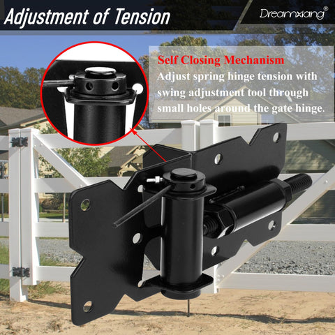 Close-up of Heavy Duty Built To Last Self Closing Gate Hinge And Self Locking Latch Hardware Kit for Wooden and Vinyl Fences installed on gate