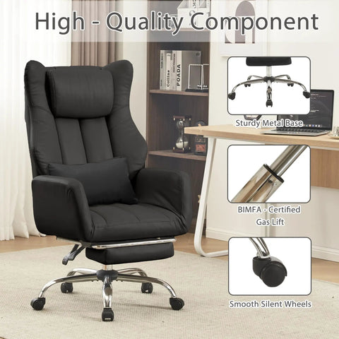 Black ergonomic cross legged office chair with footrest and lumbar pillow in home office, sturdy metal base and wheels.