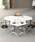 Foldable Office Desk With Hella Smooth Rolling Wheels And Rock Solid Steel Frame, Adjustable Mobile Computer Workstation For Compact Spaces setup with hexagonal surface and wheeled chairs.