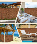 Brown 6 Ft Reed Fencing Roll 16.4 Ft Long Outdoor Privacy Screen shown in yard, patio, beachfront, and poolside settings.