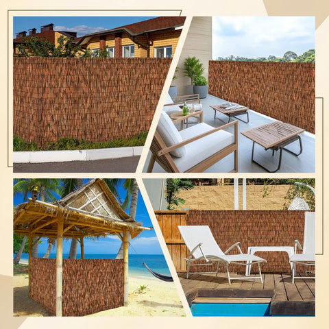 Brown 6 Ft Reed Fencing Roll 16.4 Ft Long Outdoor Privacy Screen shown in yard, patio, beachfront, and poolside settings.