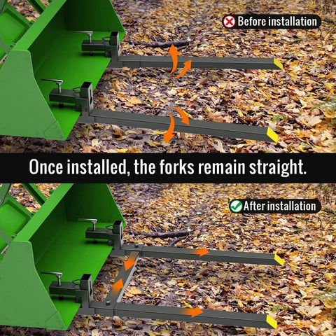 Illustration showing before and after installation of Clamp On Pallet Fork Stabilizer Bar For Forks Up To 3 Inches Wide By 2 Inches High.