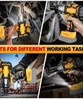 Top Tier Cordless Impact Wrench 3/4 Inch Hella Powerful 1475 Foot Pounds Raw Torque Brushless Motor Three Speed Modes showcasing different working tasks.