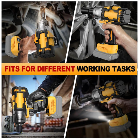 Top Tier Cordless Impact Wrench 3/4 Inch Hella Powerful 1475 Foot Pounds Raw Torque Brushless Motor Three Speed Modes showcasing different working tasks.