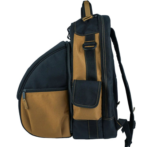 Side view of Heavy Duty Welding Backpack With Removable Helmet Bag And Mega Capacity Built Tough With Military Grade Fabric in khaki.