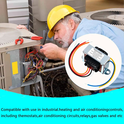 24V 40VA HVAC Control Transformer With Multi Tap Isolation Primary 120 208 240V Secondary 24V Foot Mount Replacement next to technician repairing air conditioning unit.