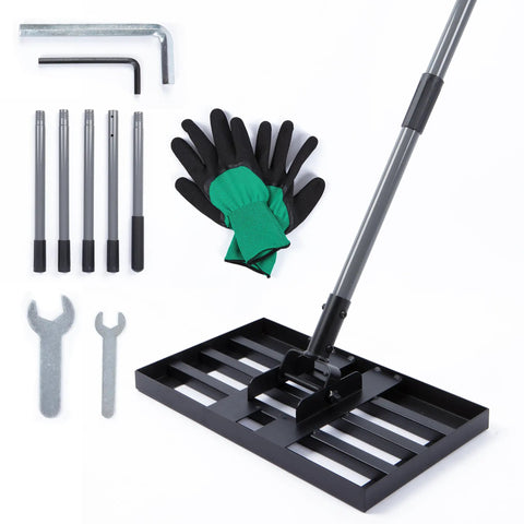 Heavy Duty Lawn Leveling Rake With 6.5 Ft Adjustable Pole, 17 By 10 Inch Leveler Tool, Includes Work Gloves, Quick Assembly Yard Rake