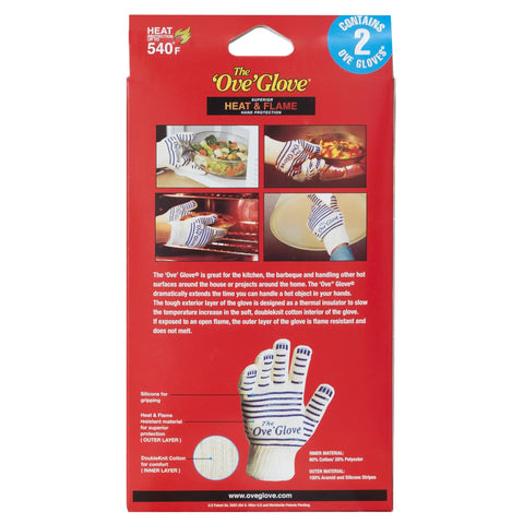 Heavy Duty Five Finger Oven Glove Pack Of 2 For Grillin And Barbecues packaging showing gloves and heat resistance details.