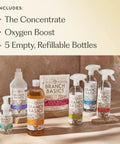 All In One Fragrance Free Home Cleaning Kit With Concentrate 33.8 Fl Oz All Purpose Cleaner Glass Cleaner Bathroom Cleaner Foaming Wash Laundry Bottle And 3 Spray Bottles For Easy Kid And Pet Safe Cleaning displayed on a table.