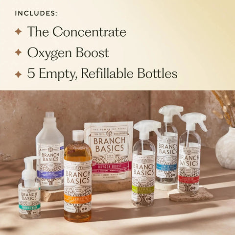 All In One Fragrance Free Home Cleaning Kit With Concentrate 33.8 Fl Oz All Purpose Cleaner Glass Cleaner Bathroom Cleaner Foaming Wash Laundry Bottle And 3 Spray Bottles For Easy Kid And Pet Safe Cleaning displayed on a table.
