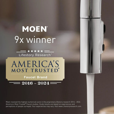 Eva Chrome Transitional Two-Handle High-Arc Widespread Bathroom Faucet with award details for Moen's most trusted brand.