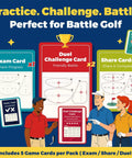 Battle Golf game cards for practice and friendly competition, featuring Exam, Duel Challenge, and Share cards with illustrations.