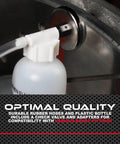 ABN One Man Brake Bleeder Kit: small white plastic bottle with tubing attached to brake caliper