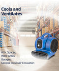 High-Velocity 1/4 HP Industrial Carpet Dryer with 3 Speed Air Mover in warehouse setting, highlighting ventilation capabilities