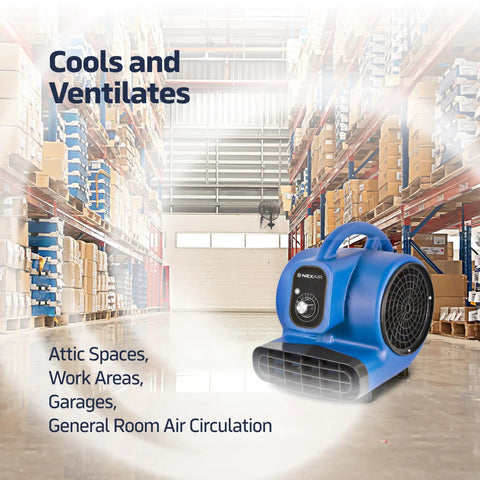 High-Velocity 1/4 HP Industrial Carpet Dryer with 3 Speed Air Mover in warehouse setting, highlighting ventilation capabilities