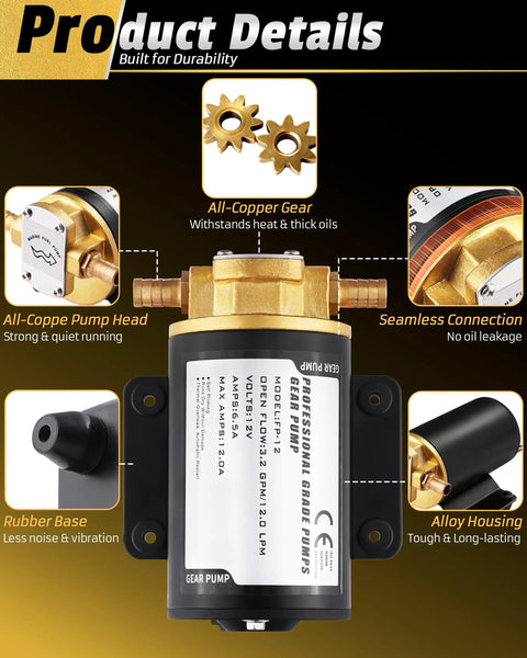 Close-up of 12V Oil Extractor Pump With 3.2 GPM Electric Gear Oil Transfer And Scavenge Pump displaying copper gear and pump head
