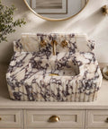 Calacatta Viola Marble Sink with Sculpted Backsplash, Fluted Vanity Washbasin, Hand-Carved Natural Stone Bathroom Basin, Custom Luxury Powder Room Sink with gold faucet.