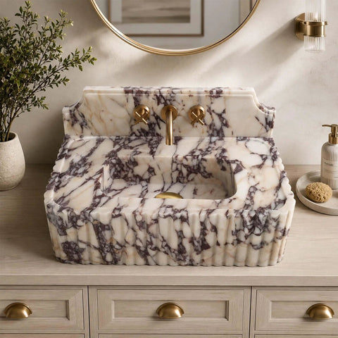 Calacatta Viola Marble Sink with Sculpted Backsplash, Fluted Vanity Washbasin, Hand-Carved Natural Stone Bathroom Basin, Custom Luxury Powder Room Sink with gold faucet.