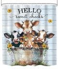 Funny Highland Cow Shower Curtain 60x72 Inches Farmhouse Floral Cute Cows Light Blue Plank Bucket Bath Time Vibes Decor Polyester With 12 Hooks Included Water Resistant Quick Dry depicting cows in a bucket.